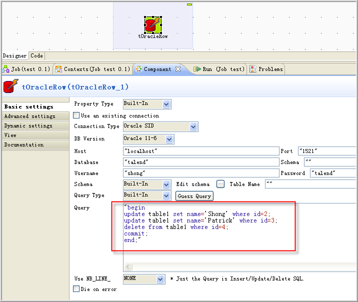 Executing multiple SQL statements with one tOracleRow component